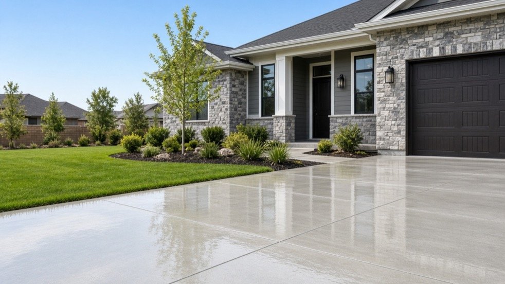 Freshly cleaned concrete driveway beside a green lawn and suburban home