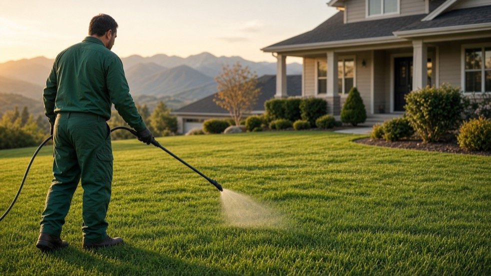 Technician applying liquid fertilizer spray across a green Utah front lawn