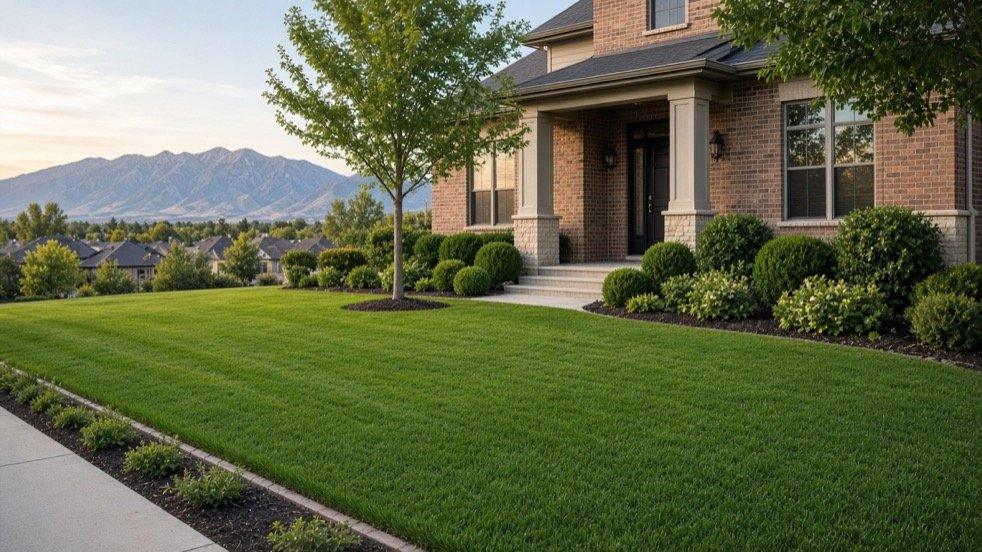 Finished Utah suburban front yard with thick even green turf