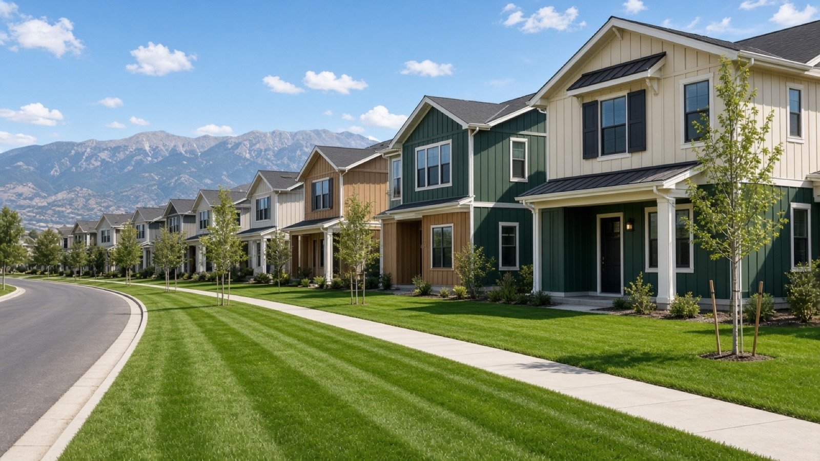 Lush fertilized front lawns in a Lehi Utah neighborhood with Wasatch mountains beyond