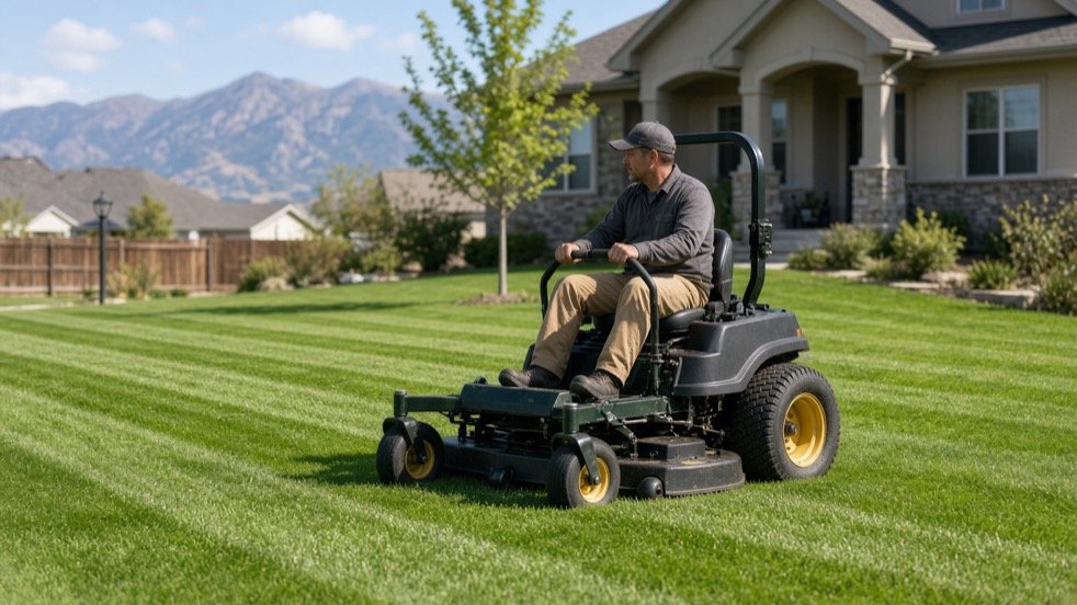Riding mower cutting fresh stripes across a lush residential lawn