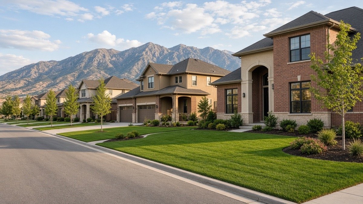 Row of lush fertilized front lawns in a Utah County neighborhood