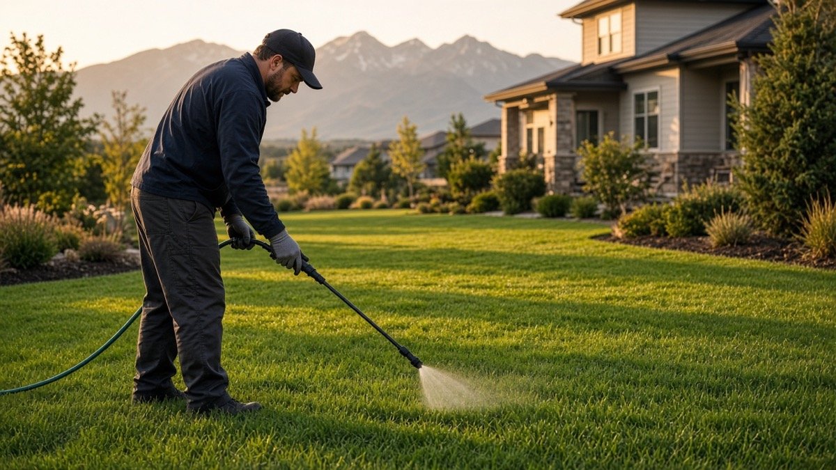 Technician applying liquid lawn spray treatment on a green Utah front lawn