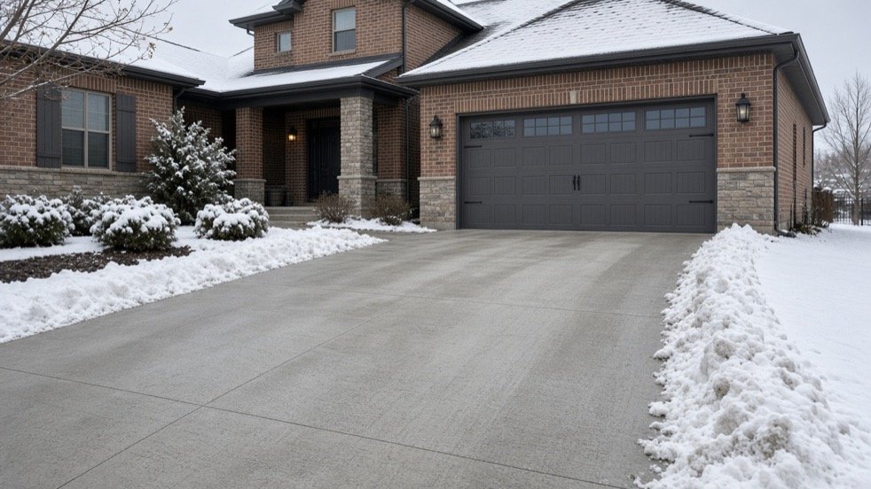 Cleared residential driveway with neat snow banks along the edges