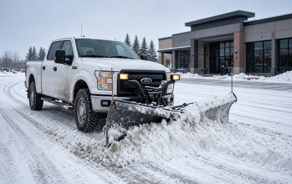 Ford truck with a snow plow clearing a business parking lot