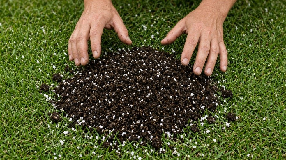 Hands spreading dark soil amendment compost onto a green lawn