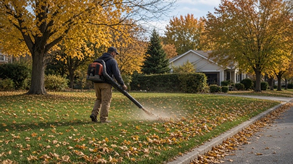 Worker blowing autumn leaves off a green lawn toward the curb