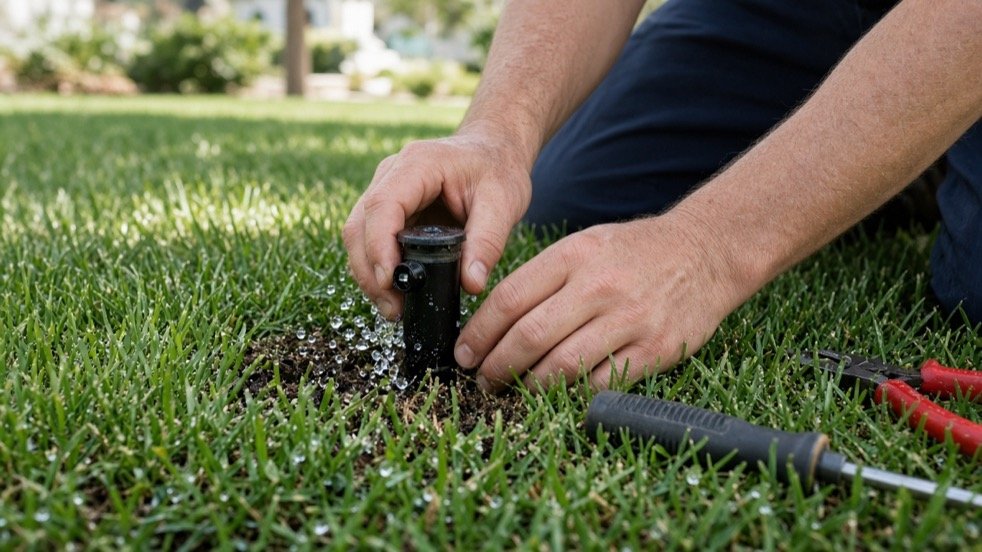 Technician hands adjusting a pop-up sprinkler head in a green lawn