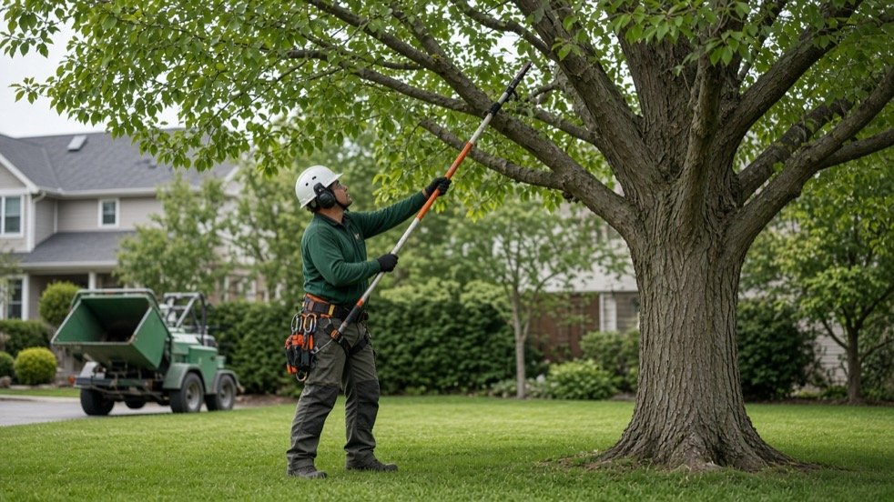 Arborist pruning a mature tree canopy with a pole saw in a Utah yard